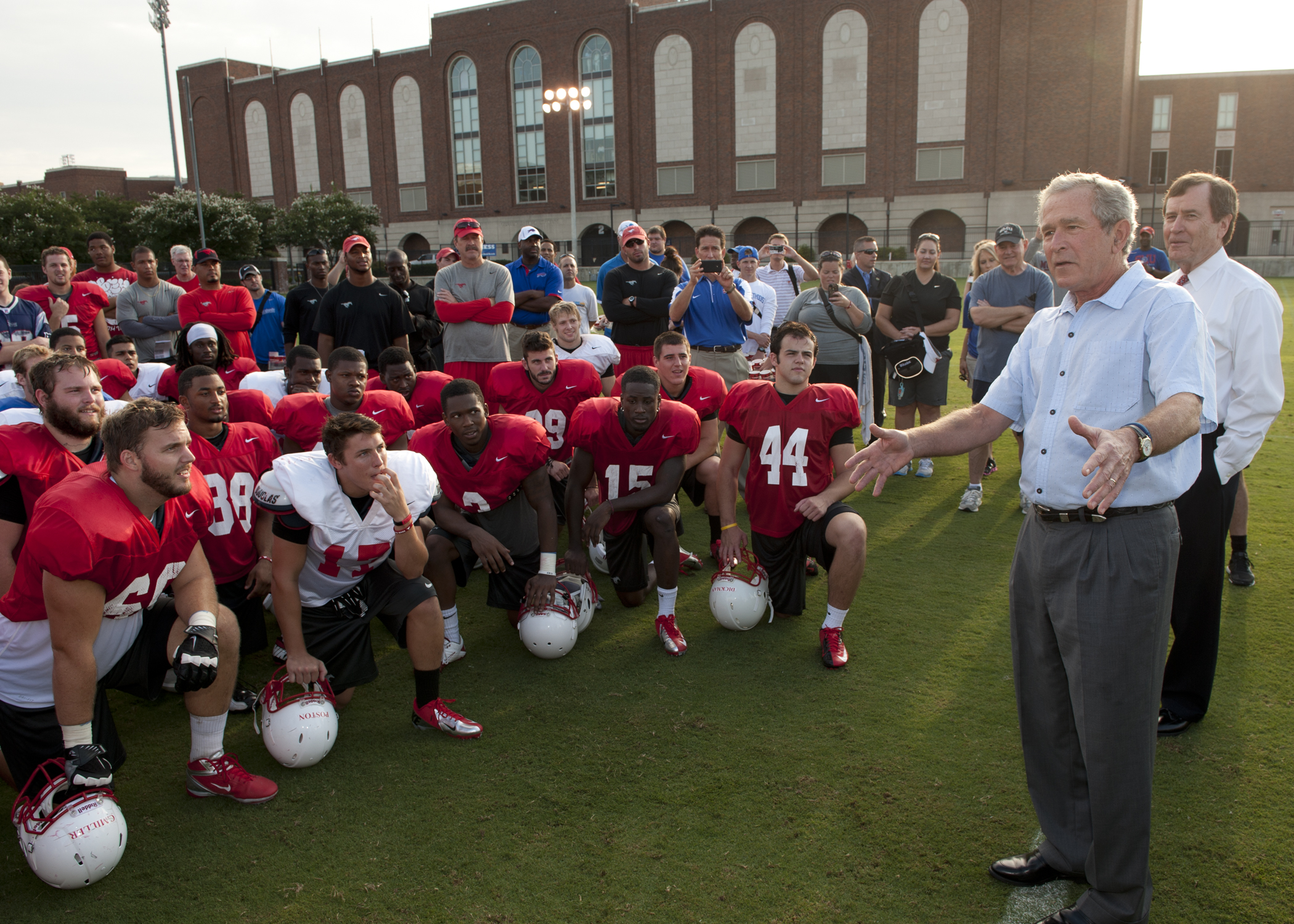 Former President George W. Bush at a SMU Mustangs football practice.
